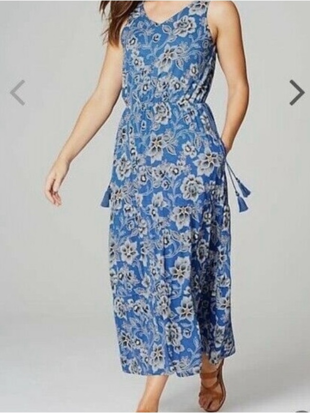J Jill Sleeveless Blue Floral Tassel Drawstring Waist Maxi Dress w/Pockets L